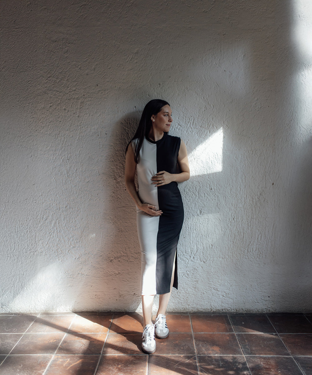 COLOR BLOCK DRESS BLACK AND WHITE